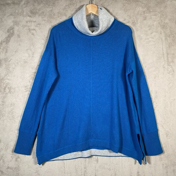 Magaschoni 100% Cashmere Sweater M Roll Turtleneck Cobalt Blue Grey Quiet Luxury - Picture 2 of 15
